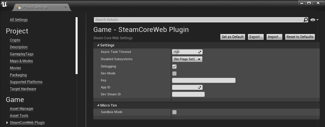 SteamCoreWeb project settings